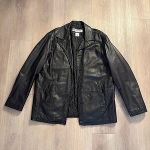 Columbia Mens Leather Coat Large Black 100% Leather Soft Missing Buttons Lined